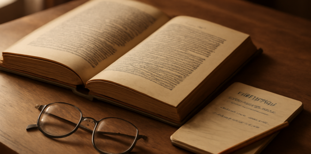 Novel sejarah terbuka di meja kayu dengan catatan tokoh dan kacamata baca