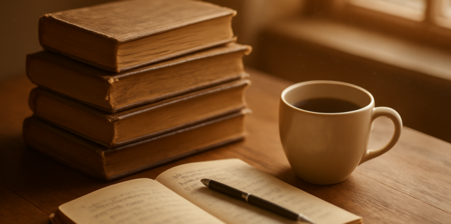 Tumpukan novel sejarah di atas meja kayu dengan kopi dan buku catatan terbuka