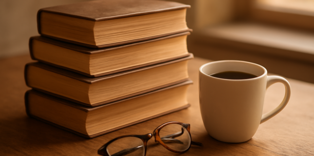Tumpukan novel sejarah di atas meja kayu ditemani secangkir kopi dan kacamata baca