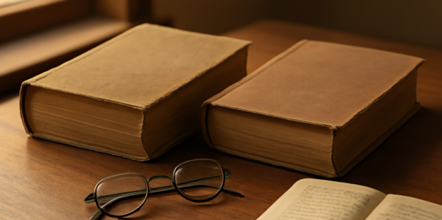 Dua novel sejarah tebal berdampingan di meja kayu dengan buku catatan dan kacamata baca