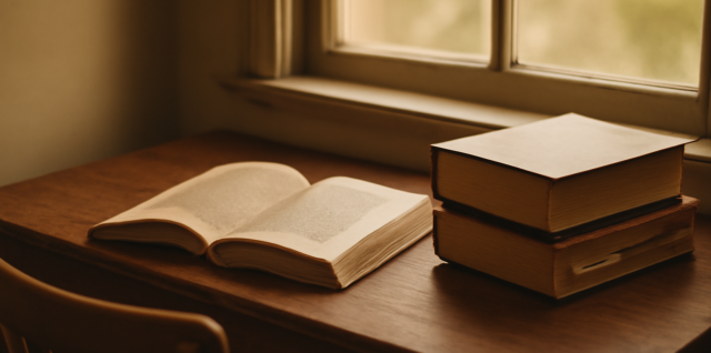 Meja kayu dengan novel sejarah terbuka dan buku biografi tebal di sampingnya