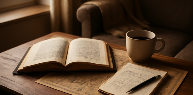 Meja baca dengan novel sejarah terbuka, catatan tokoh, peta, dan secangkir teh